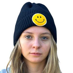 Smiley Face Beanie Winter Hat in Black